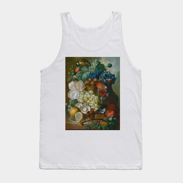 Still Life With Fruit And Flowers, Together With Oysters, Mussels, A Glass Of Wine, A Decanter And Other Objects On A Stone Ledge by Jan van Os Tank Top by Classic Art Stall